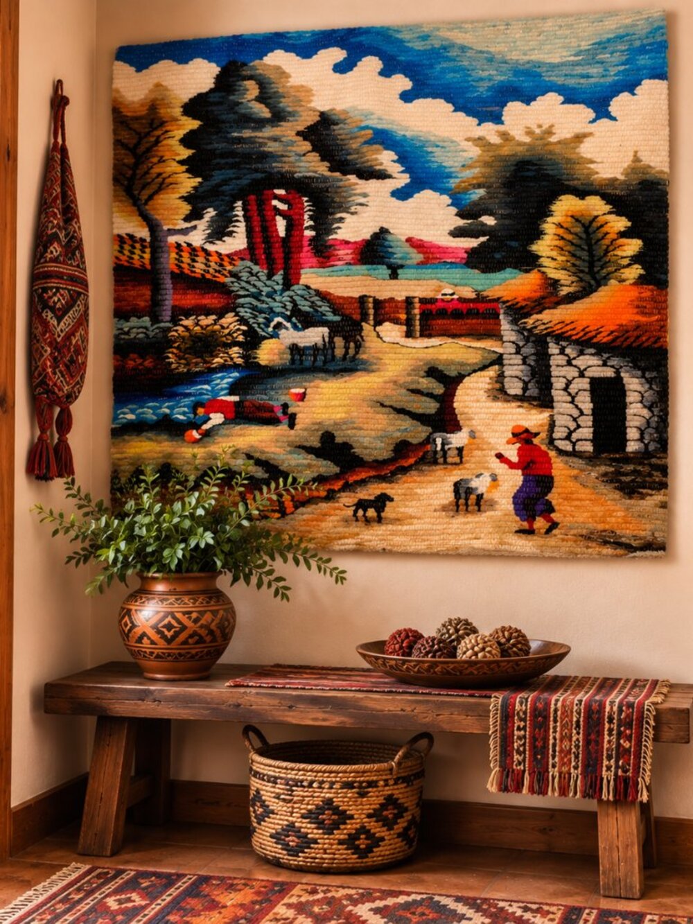 Vintage Andean Village Tapestry – Handwoven Peruvian Mountain Landscape Wall Art